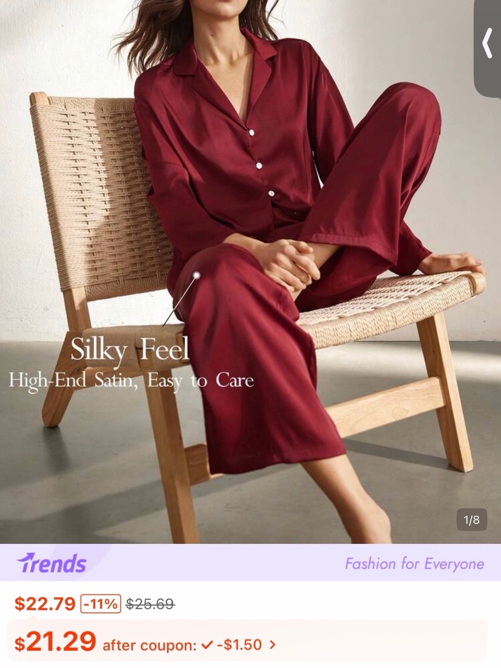 Silky Satin Long-Sleeve Pajama Set in Burgundy
